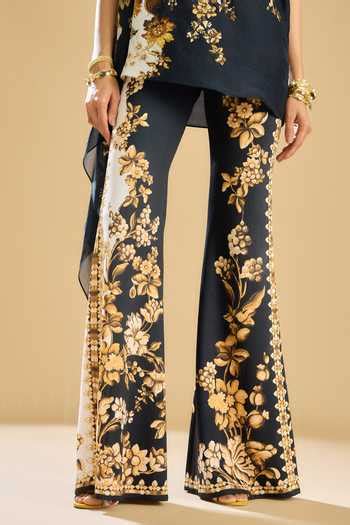 Buy Black Polyester, Lycra Embroidery Barika Floral Print Pant For ...