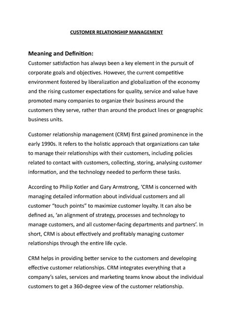 Notes-CRM - CRM - CUSTOMER RELATIONSHIP MANAGEMENT Meaning and ...