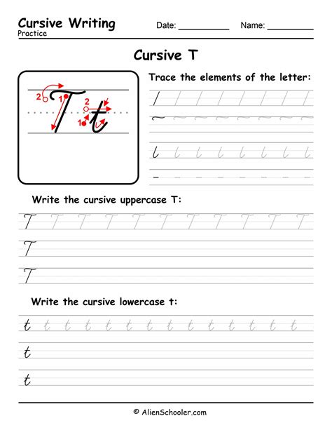 Cursive Writing: Letter T - Free Printable Worksheet PDF | Alien Schooler
