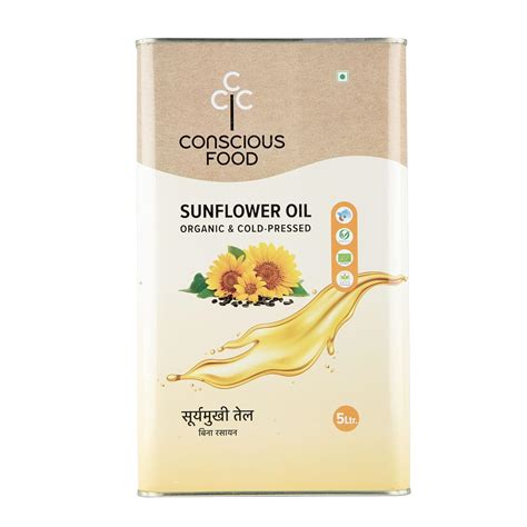Conscious Food Cold Pressed Sunflower Oil | 5 Litre | Certified Organic ...