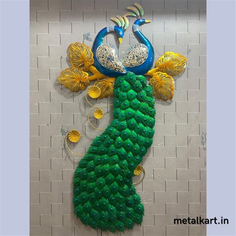 Metallic Double Peacock Wall sculpture (37 x 70 Inches) - Punam Metalcrafts