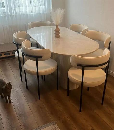 Oval Marble Dining Table + 6 Tinny Chairs - MerkatDeco