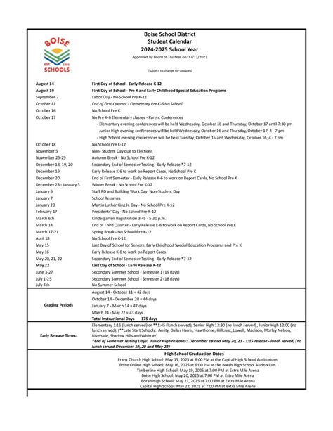 Boise School District Calendar 2025-2026 | Holidays
