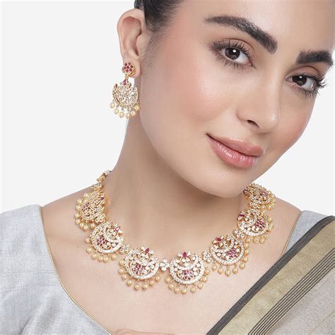 Gold Plated CZ Splendid Flower Designer Necklace Set with Pearls – Estele
