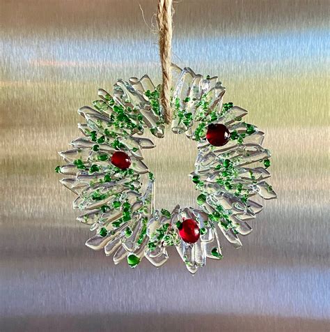 Fused Glass Christmas Wreath Ornament: Clear Glass With Red Berries ...