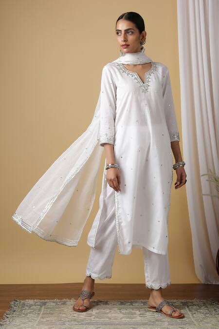 Buy White Cotton, Kota Doria Embroidered Kurta Set For Women by Maison ...