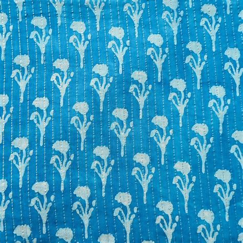 Pure Cotton Dabu Lurex Kaatha Blue With Off White Flower Motif Hand Bl ...