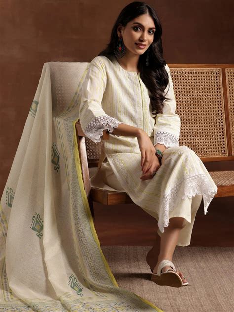Buy Off White Embroidered Cotton Blend Straight Suit With Dupatta ...