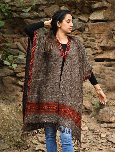 Buy Exclusive Soft Himachal Wool Poncho with Woven Border - Cocoa ...