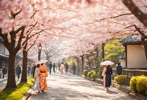 People walking down a street with umbrellas and cherry trees - SeaArt AI