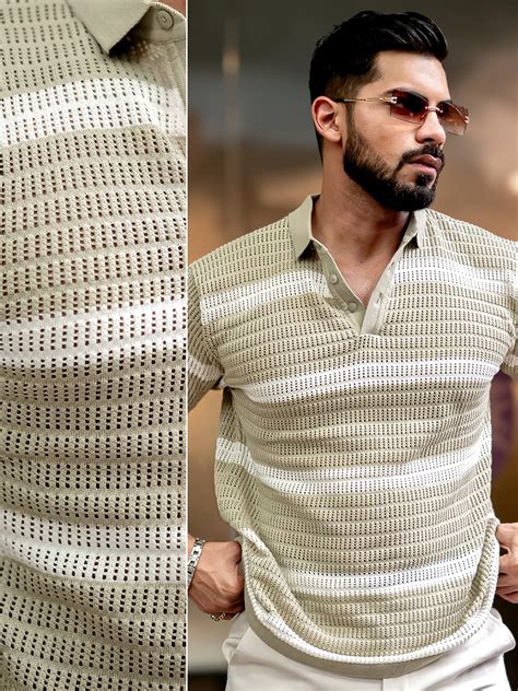Sheer FlatKnit Cotton Beige Half Sleeve Polo T-Shirt – ManiacLife.com