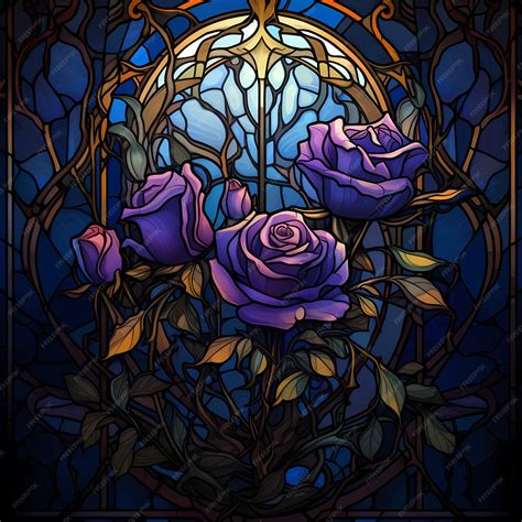Premium Photo | Stained glass window with purple roses and leaves.