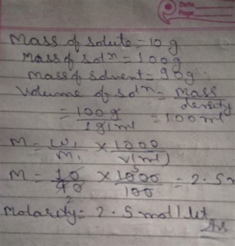 10% by mass of naoh in water solution find molarity if density of the ...