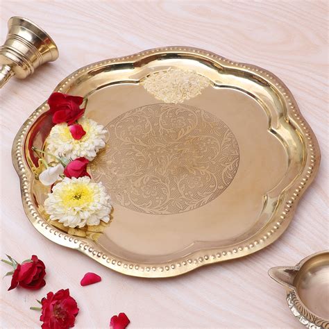 Brass 11 Inches Ethnic Carved Puja Thali, Traditional Pooja Aarti Thal ...