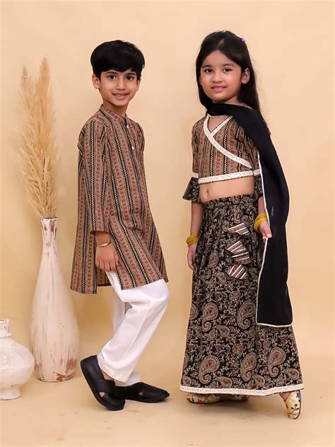 Ethnic Set-Black Kalamkari Girls Lehenga Set and Boys Kurta Set – The ...