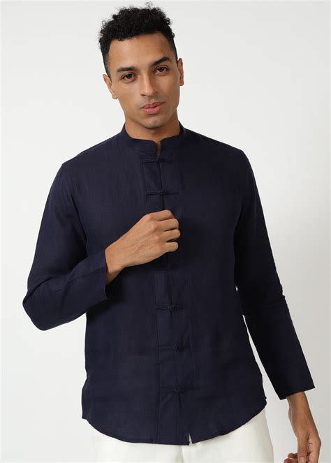 Dark Blue Mandarin Collar Pure Linen Full Sleeve Shirt – Linen Trail