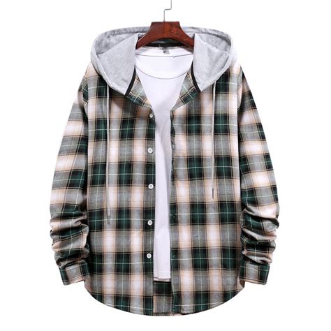 FAVIPT 2024 Men's Plaid Hooded Shirts,Lightweight Hooded Flannel Shirt ...