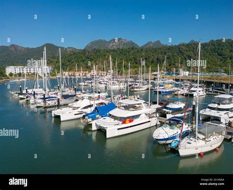 Drone aerial view of sailboats and boats in Telaga Harbor and Perdana ...