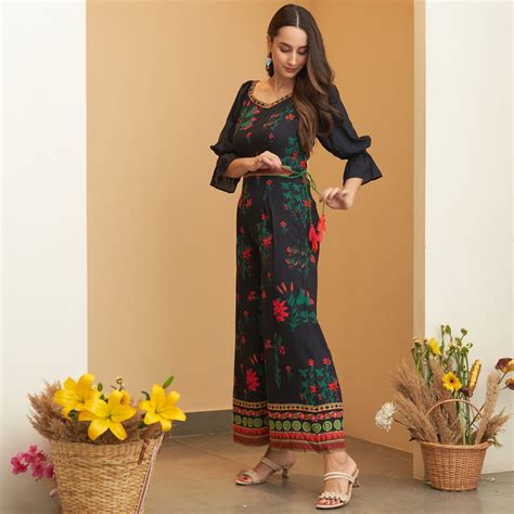 Buy Black Floral Jumpsuit with Belt | Rustorange