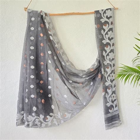 JAMDANI-Jamdani Brasso Grey With White And Copper Flower Motifs Saree ...