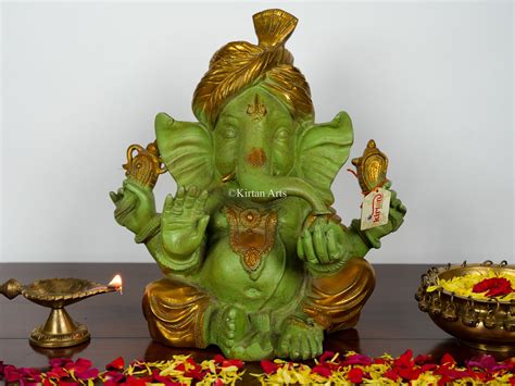 Brass Pagdi Ganesha | 14" | Antique Green Gold Finish – Kirtan Arts