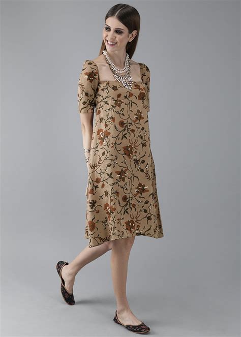 Get Square Neck Detail Brown Floral Printed A-Line Dress at ₹ 999 | LBB ...