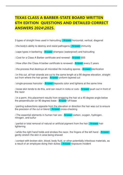 TEXAS CLASS A BARBER-STATE BOARD WRITTEN 6TH EDITION QUESTIONS AND ...