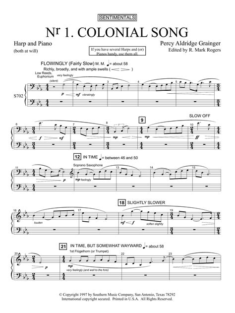 Colonial Song - Piano & Harp Sheet Music | Percy Grainger | Concert Band