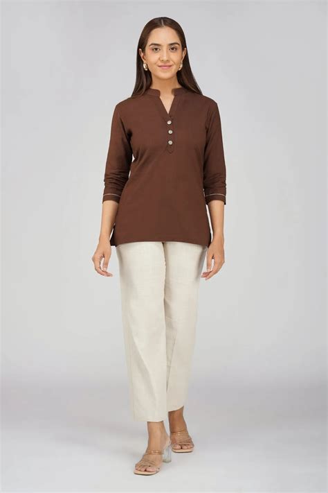 Khadi Short Kurti for Women - Coffee Brown Cotton - Khadi Sadan