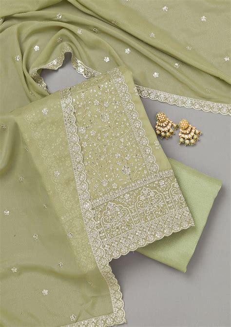 Buy Pista Green Zariwork Georgette Unstitched Salwar Suit - Koskii