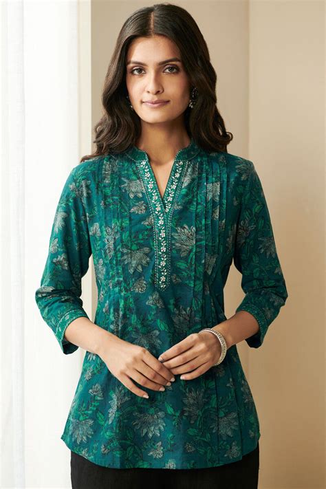 Buy Turquoise Blue Hand Block Printed Cotton Top for Women | FGT22-45 ...