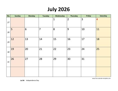 July 2026 Calendar Printable with coloring on weekend (horizontal ...