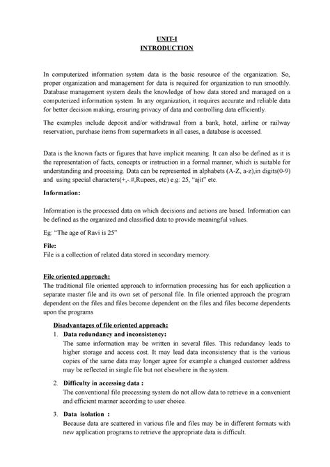 Unit-I Introduction TO DBMS - UNIT-I INTRODUCTION In computerized ...