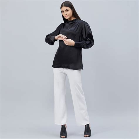 Black Shoulder Pleated Embellished Satin Shirt – First Resort by Ramola ...