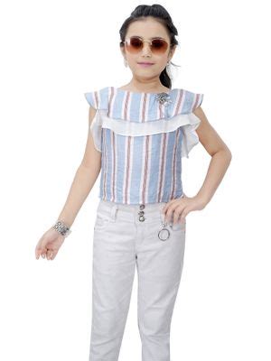 Buy TINY GIRL Cap Sleeves Striped Top - Sky Blue Online