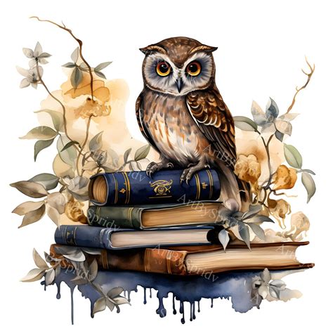 Charming Watercolor Owl on Vintage Books Clipart | Whimsical Floral Digital Clip Art for ...