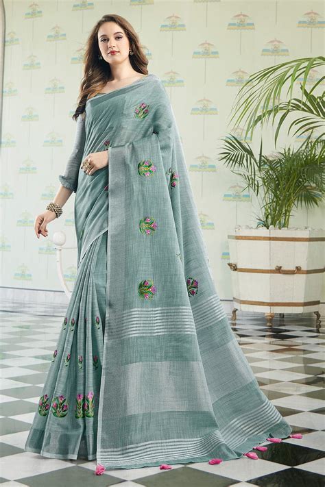 Buy Abalone Gray Linen Saree 63376 Online | Karagiri
