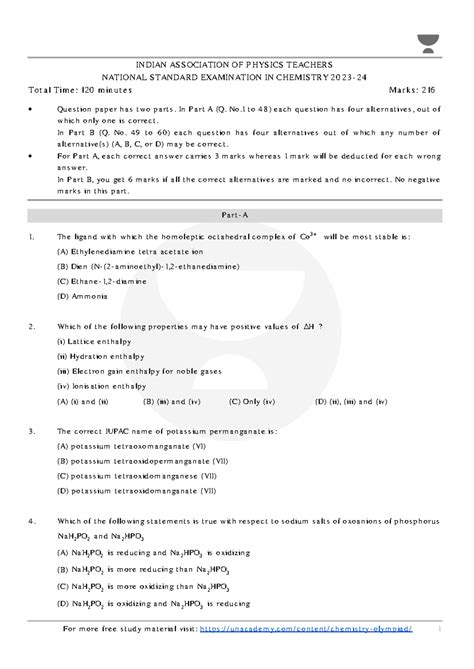 IAPT National Standard Exam in Chemistry 2023-24 - Question Paper - Studocu