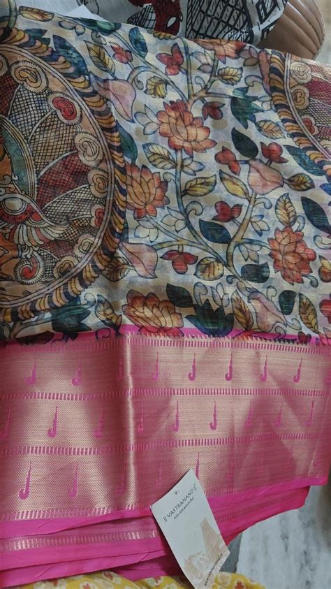 Kalamkari Silk Saree With Pink-Gold Border New Collection