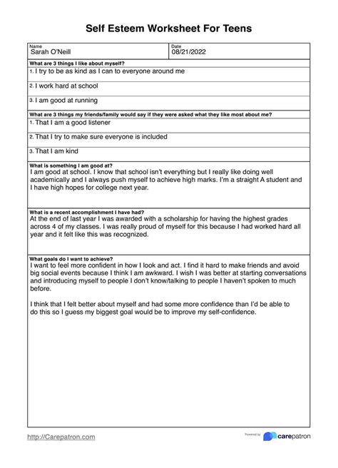Self Esteem Worksheets For Teens & Example | Free PDF Download