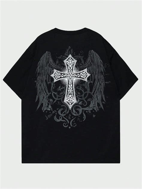 ROMWE MEN Goth Men Cross & Wings Print Tee For Halloween, School | Mens ...