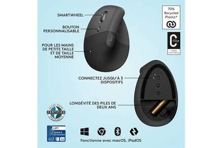 Souris Logitech Lift Left Ergonomique Verticale, Sans Fil, Silencieuse ...