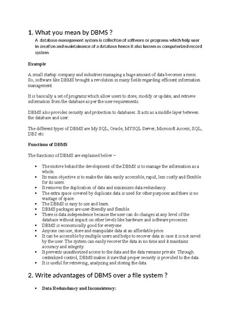 DBMS assigment 1 - ASSIGNMENT - 1. What you mean by DBMS? A database ...