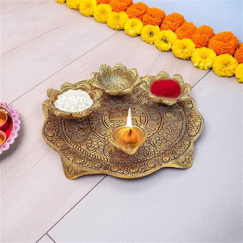 Hastcraft Gold Metal Premium & Elegant Pooja Thali With Diya Price in ...