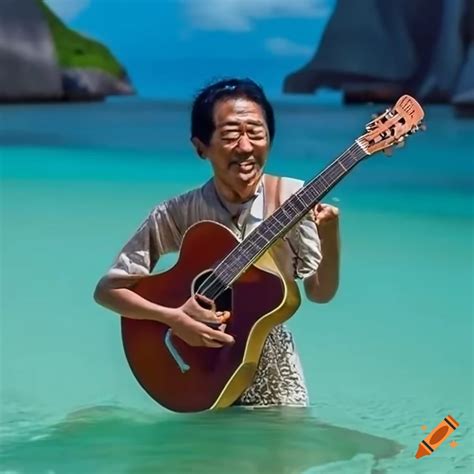 Musician masayoshi takanaka playing guitar on seychelles beach on Craiyon