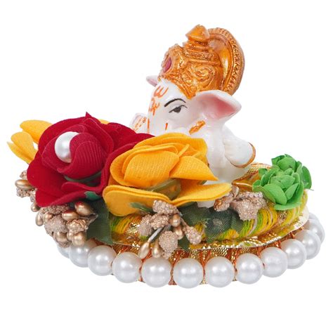 Lord Ganesha Idol on Decorative Handcrafted Plate with Colorful Flowers ...