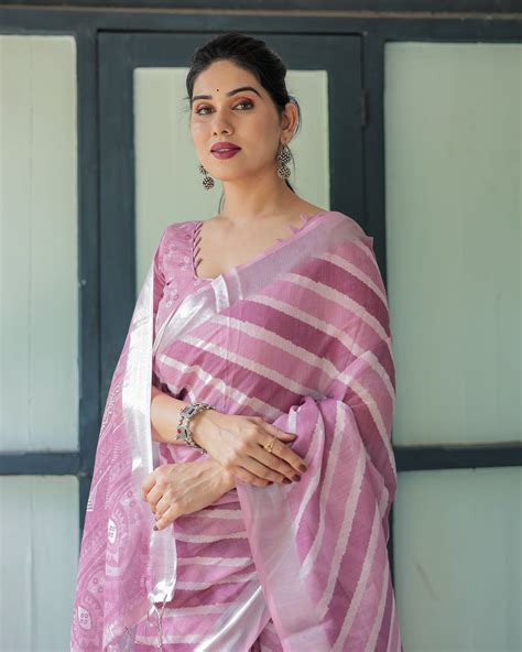 Purple Chevron Print Pure Cotton Linen Saree with Blouse and Tassels ...