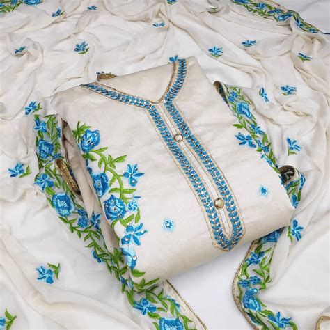 Off White - Blue Embroidered Chanderi Dress Material