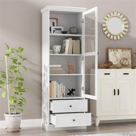 Buy 70.9 in. H White Wood Glass Door Accent Cabinet with 4-Tier Shelves ...