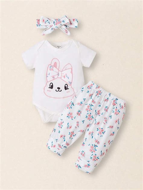 SHEIN 3pcs/Set Infant Newborn/Toddler Girls' Cozy Outfit: Floral Bunny ...